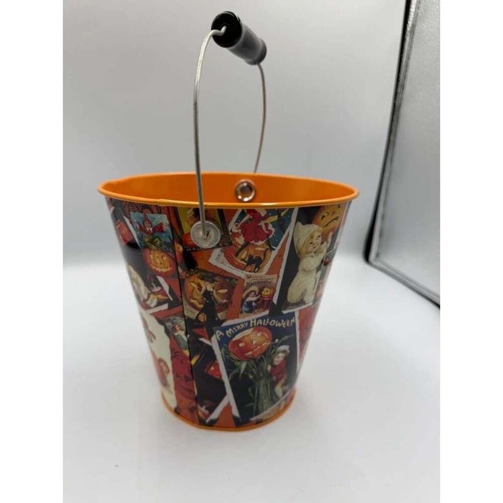 World Market Vintage Style Halloween Metal Bucket Tin Pail Postcard Black Cat